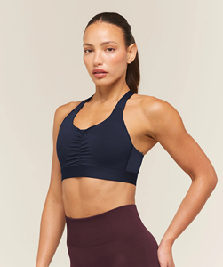Sujetador deportivo para mujer, estilo halter, espalda cruzada, copa completa, sin aros, color azul marino, de spandex y poliéster, transpirable, lavable a máquina - Product Image 3