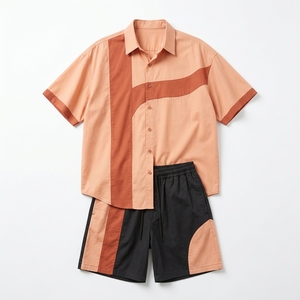 Chemise boutonnée à manches courtes pour homme, en tissu tissé, avec imprimé géométrique sérigraphié contrastant, style streetwear d'été, 220g - Product Image 1