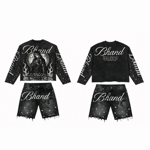 ชุดเซ็ตสตรีทแวร์วินเทจสีน้ำตาลฟอกยีนส์แบบยูนิเซ็กซ์ เสื้อสเวตเชิ้ตโอเวอร์ไซส์ กางเกงขาสั้น พิมพ์ลายกราฟิก ชุดลำลอง 2 ชิ้น - Product Image 3