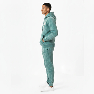 Custom Logo Teal Green Acid Wash Tracksuit Men Heavyweight Fleece Hoodie and Jogger Set Streetwear Vintage Mineral Wash - Product Image 3