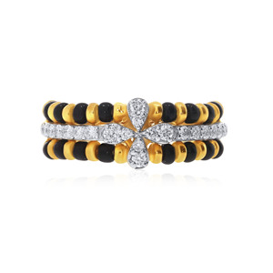 Elegant Yellow Gold <b>Ring</b> with Round-Cut Center Diamond White Diamond Halo and Alternating <b>Black</b> Onyx and Gold Bead Bands - Product Image 3