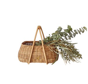 French Country Rattan <b>Picnic</b> Basket Oval Shaped Striped Wicker Storage <b>Hamper</b> Open Top Single High Handle Outdoor Gathering Case - Product Image 4