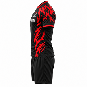 Ensemble de football pour hommes adultes pour clubs, maillot et short de football rouge et noir, col rond, coupe athlétique, uniforme respirant - Product Image 4
