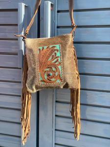 Nuevo Bolso bandolera con flecos de cuero de vaca auténtico, bolso de piedra turquesa bohemio occidental, bolso de cuero genuino para mujer - Product Image 2