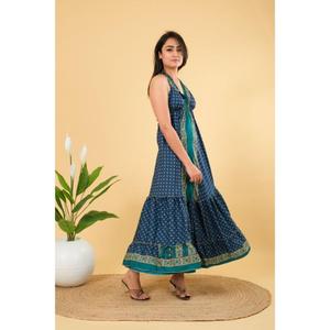 Vestido Maxi Casual de Seda Vintage para Mujer, Cuello en V, Cintura Elástica, Espalda Descubierta, Estilo Halter con Encaje, para Playa/Fiesta, Lavable, Método de Tejido - Product Image 2