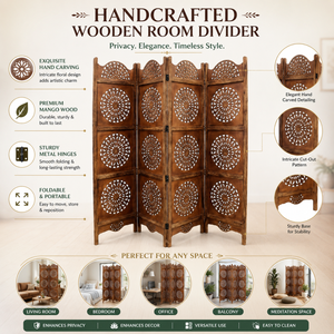 Paravent pliant en bois sculpté à la main indien à 4 panneaux, écran d'intimité pour la maison, le bureau, le salon, le studio, la décoration de la salle de séjour - Product Image 5