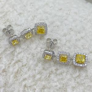 Yellow Cushion Cut <b>Diamond</b> Drop <b>Earrings</b> Halo Cluster <b>Dangle</b> <b>Earrings</b> Three Stone Canary Yellow <b>Diamond</b> Statement <b>Earrings</b> - Product Image 3