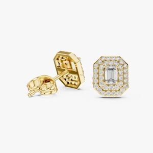 Boucles d'oreilles clous en or jaune 9K avec diamants de laboratoire taille émeraude double halo 0,488 CTW, vente en gros OEM, bijoux fins - Product Image 2