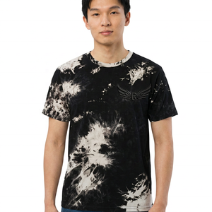 T-shirt à manches courtes tie-dye pour homme, col rond, coupe classique, tricoté, motif noir et blanc, logo au dos - Product Image 3