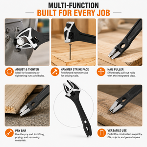 Clé à molette réglable 4-en-1 de 12 pouces en acier à haute teneur en carbone, avec face de frappe pour marteau, barre de levier et extracteur de clous, outil à main professionnel robuste - Product Image 3