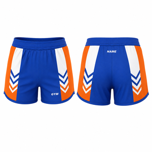 Shorts de sport pour femmes, color-blocks bleu, orange et blanc, imprimé par sublimation, séchage rapide, taille élastique, coupe classique - Product Image 1