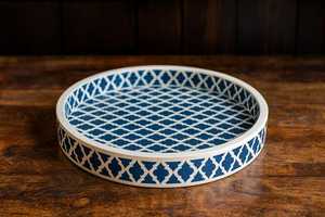 Plateau Organisateur Rond Multifonctionnel de Luxe en Os Incrusté, avec Motif Mosaïque Ivoire Fait Main, pour Maquillage, Bougies, Bijoux - Product Image 4