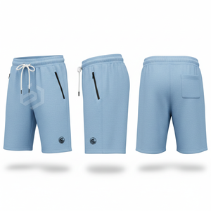 Men's Light Blue Mid Waist Drawstring Bermuda <b>Shorts</b> Solid Color Casual Wear With <b>Zipper</b> Pockets Breathable Knitted Fabric - Product Image 1