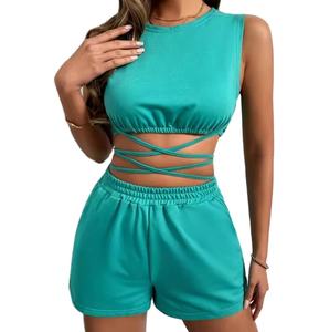 เซ็ตเสื้อมีฮู้ดและกางเกงขาสั้นของผู้หญิงชุดวอร์มรัดรูปพร้อมเชือกผูกสำหรับฤดูร้อน - Product Image 1