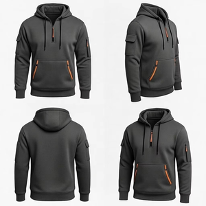 Sweat-shirt à capuche gris foncé pour homme avec fermetures éclair et poches orange, coupe classique, style décontracté, vêtement d'automne - Product Image 6