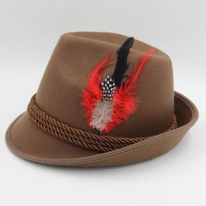 Sombrero Fedora de lana marrón con banda de cuerda y decoración de plumas, accesorio unisex para primavera y otoño, estilo europeo, accesorio para adultos - Product Image 6