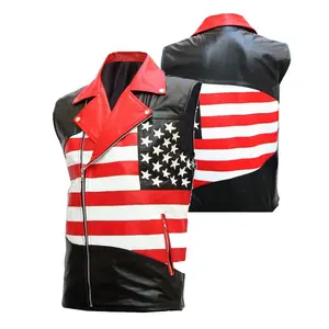 Stitching and USA with Red Men Winter Moto & Biker GENUINE Leather Shell Acceptable motorcycle biker leather vest