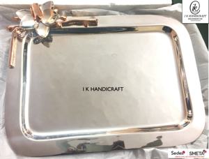 Plateau rectangulaire en aluminium, texture moderne du milieu du siècle, poignée en bambou, 100% fait main, personnalisable, décoration d'intérieur, Noël, Ramadan - Product Image 6