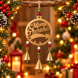 Ornement métallique saisonnier avec message, typographie de Noël incurvée, cadre orné d'une étoile et clochettes triples suspendues pour collections de cadeaux - Product Image 2