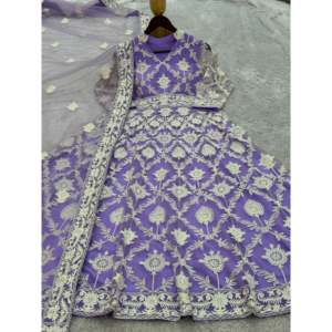 Vestido Anarkali Morado de Diseñador JD y Dupatta Elegante, Talla L, Ropa Modest para Fiestas Nocturnas - Product Image 5