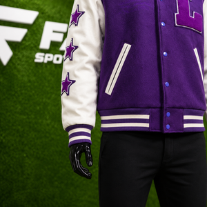 Veste universitaire violette personnalisée en gros, style vintage streetwear, patchwork, veste Letterman, veste bomber pour homme avec manches en simili cuir - Product Image 6