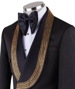 <b>Men</b>’s Black <b>Double</b> <b>Breasted</b> Tuxedo Blazer with Gold Beaded Shawl Lapel – Designer Wedding Party Suit Jacket - Product Image 3
