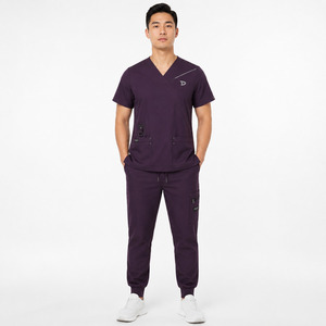 DRAVELLE Ensemble de tenue médicale tissée violette pour femme avec poches, pantalon à cordon de serrage et fonction de détection d'aiguilles - Product Image 3