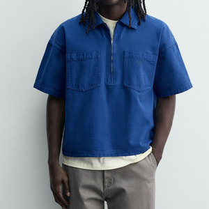 Polo homme sur mesure en coton doux bleu foncé avec col demi-zip et poche, vente en gros - Product Image 1