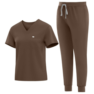 Conjunto de uniforme médico para mujer, top con cuello en V y pantalones con cordón, tela de punto de algodón y poliéster azul. - Product Image 6