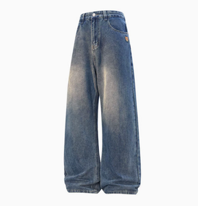 Pantalon long à jambes larges en denim ciré semi-élastique, taille personnalisée, style décontracté pour le printemps et l'automne - Product Image 1