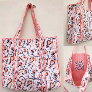 Bolso tote acolchado de algodón floral con ribete a rayas rosas, estilo preppy, bolso de compras con parte superior abierta para mujer - Product Image 4