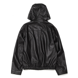 <b>Men's</b> Black Genuine Leather Hooded Moto Biker Style Waterproof Reversible Windproof Zipper Closure Regular Fit Winter Wear - Product Image 3