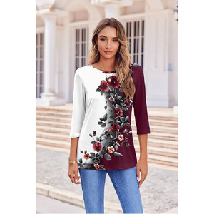 Blusa Casual Personalizada para Mujer, Holgada, con Estampado Floral, Manga 3/4, Cuello Redondo, Bloques de Color, para Primavera, Verano y Otoño - Product Image 2