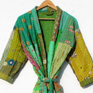 Bata Kimono de Algodón Bordado Kantha para Mujer, Tallas Grandes, Estilo Patchwork, para Verano, Otoño, Playa, Invierno y Primavera - Product Image 1