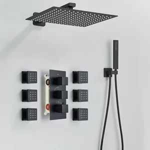 Système <span class=keywords><strong>de</strong></span> douche thermostatique noir <span class=keywords><strong>16</strong></span> pouces, mitigeur <span class=keywords><strong>de</strong></span> douche <span class=keywords><strong>de</strong></span> salle <span class=keywords><strong>de</strong></span> bain avec bec <span class=keywords><strong>de</strong></span> bain pivotant et jets <span class=keywords><strong>de</strong></span> pulvérisation corporelle SPA, vente en gros - Product Image 1