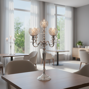 En gros, Candelabre à 5 bras en métal nickelé avec coupelle en cristal, nouveau design, fait main, porte-bougie chauffe-plat pour décoration de centre de table - Product Image 3