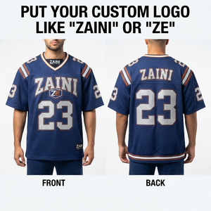 เสื้ออเมริกันฟุตบอลชาย 260 GSM ผ้าโพลีเอสเตอร์ตาข่ายพรีเมียม สีกรมท่า ขาว ส้ม แผงไหล่แบบกำหนดเอง ลายปักแบบ Sublimation Tackle Twill - Product Image 1