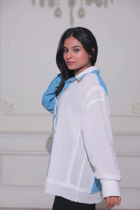 Women's Office Bohemian Knitted Button Down <b>Shirt</b> with Embroidery Contrast <b>Color</b> Balloon Sleeve Loose Fit Turn-down Collar Top - Product Image 2