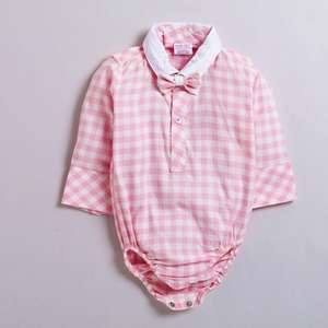 Polka Tots Partywear Mameluco de camisa a cuadros de manga larga con pajarita doble 100% algodón rosa - Product Image 1