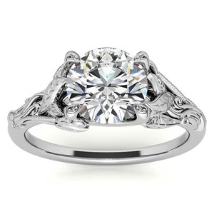Anillo de compromiso vintage de moissanita con corte redondo, diseño floral grabado en forma de hoja, anillo de boda nupcial en oro blanco de 10K. - Product Image 1