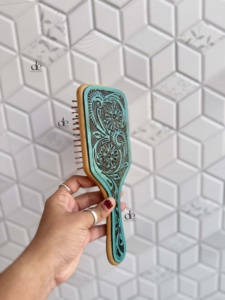 High Quality Handmade Hand Tooled Leather Wooden Hair Brush With Carved Floral Design For Scalp Massage Rectangular Shape - Product Image 5