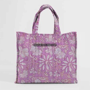 Hand Block Printed Indian Cotton Quilted Square Bohemian Style Quilted Tote Bag Women's Shoulder Quilted Bag Handmade Made Bag - Product Image 1
