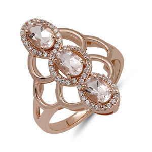 Anillo de Morganita Gourik de Lujo en Plata de Ley 925 con Baño de Oro Rosa, Diseño Clásico de Tres Piedras con Halo y Engaste de Garras Abiertas - Product Image 1