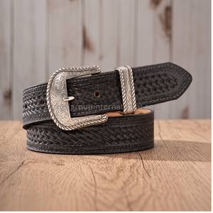 Cinturón Unisex de Cuero Negro Premium con Textura de Cesta Tejida, Estilo Vaquero Occidental, Cinturón de Cuero Texturizado de Alta Calidad - Product Image 3