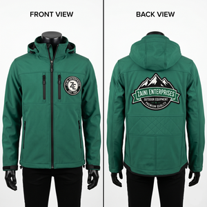 Veste Softshell ZAINI Premium en tissu tricoté peigné en polyester 220 GSM, avec empiècements contrastants vert et noir, à capuche, coupe-vent et respirante - Product Image 1