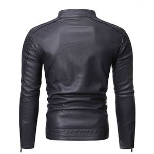 Blouson moto en cuir marron pour homme, col montant, fermeture éclair, coupe ajustée, doublure en fausse fourrure, idéal pour l'automne - Product Image 2