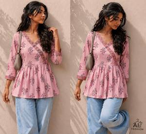 Floral Printed V Neck Short Kurtis Peplum Tunic Style Top <b>Wrap</b> Front Women Indian Pakistani Style Casual Party Wear Tunic - Product Image 2