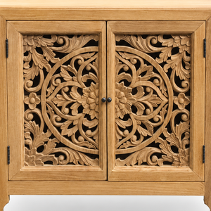Handcrafted Solid Wood Carved 2 Door Cabinet with Ornate Floral Panels <b>Rustic</b> Indian Boho Style Storage <b>Sideboard</b> Furniture - Product Image 4