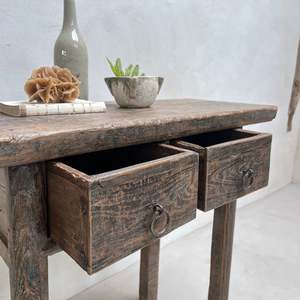 Antique Console <b>Table</b> Foster Rustic Solid Elm Two Drawer <b>Narrow</b> <b>Hallway</b> Entryway Altar Stand Wabi Sabi Living Room Furniture - Product Image 3