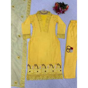 ด้ายมัสลินแฟนซีทำงานด้านบนด้านล่างมีสีเหลือง dupatta - Product Image 3